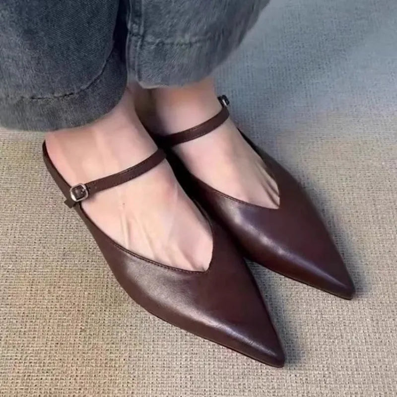 Elegant Leather Sandals Cover Toe Mules Slippers Shallow Slip-On Slides Shoes