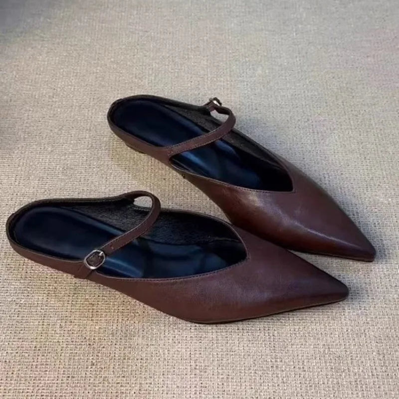 Elegant Leather Sandals Cover Toe Mules Slippers Shallow Slip-On Slides Shoes