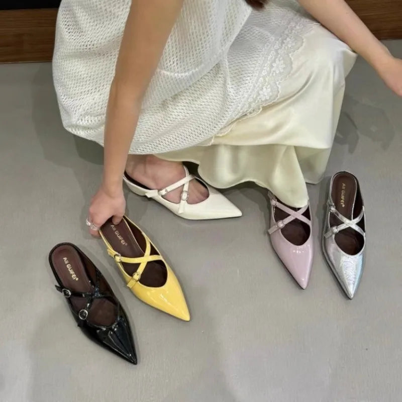 Elegant Leather Sandals Pointy Toe Cross Strap Design Slide Sandals Luxury Party Dress Heel