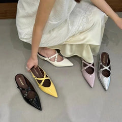 Elegant Leather Sandals Pointy Toe Cross Strap Design Slide Sandals Luxury Party Dress Heel