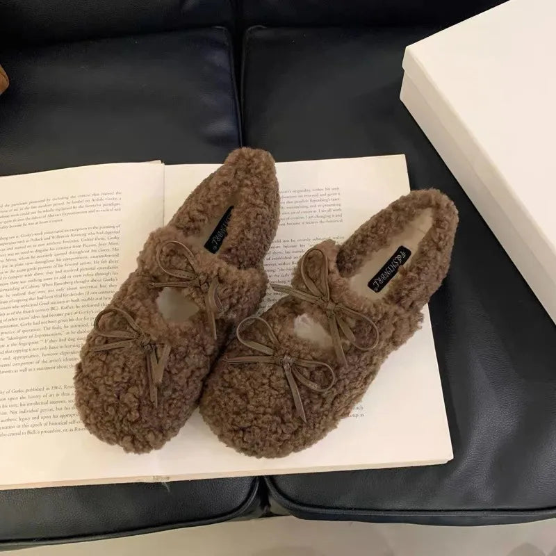 Shearling Ballet Flats with Strap Warm Rabbit Fur Plush Lined Crystal Buckle Mary Jane Flat Shoes