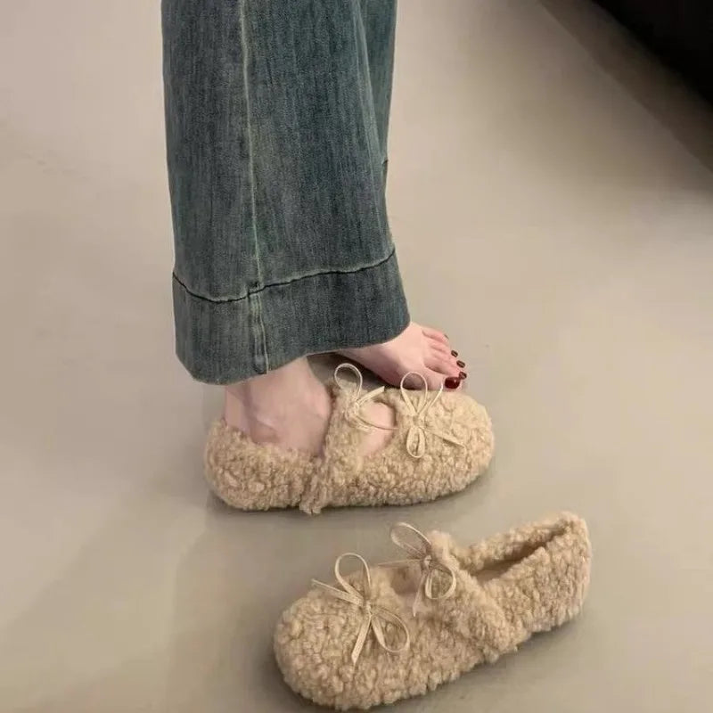 Shearling Ballet Flats with Strap Warm Rabbit Fur Plush Lined Crystal Buckle Mary Jane Flat Shoes