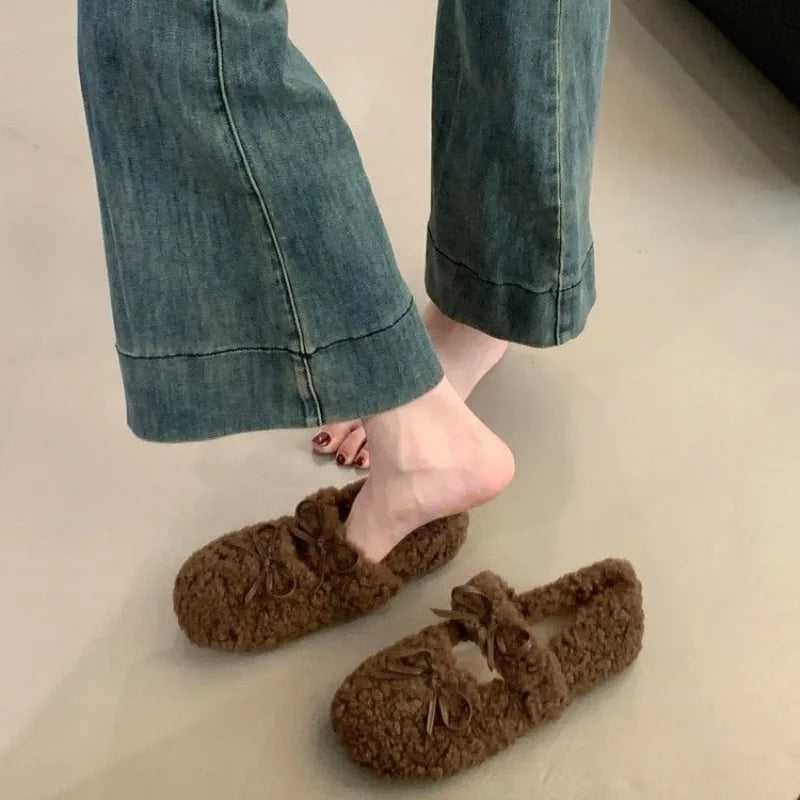 Shearling Ballet Flats with Strap Warm Rabbit Fur Plush Lined Crystal Buckle Mary Jane Flat Shoes