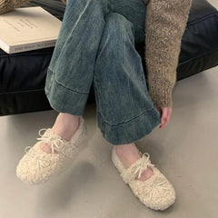 Shearling Ballet Flats with Strap Warm Rabbit Fur Plush Lined Crystal Buckle Mary Jane Flat Shoes