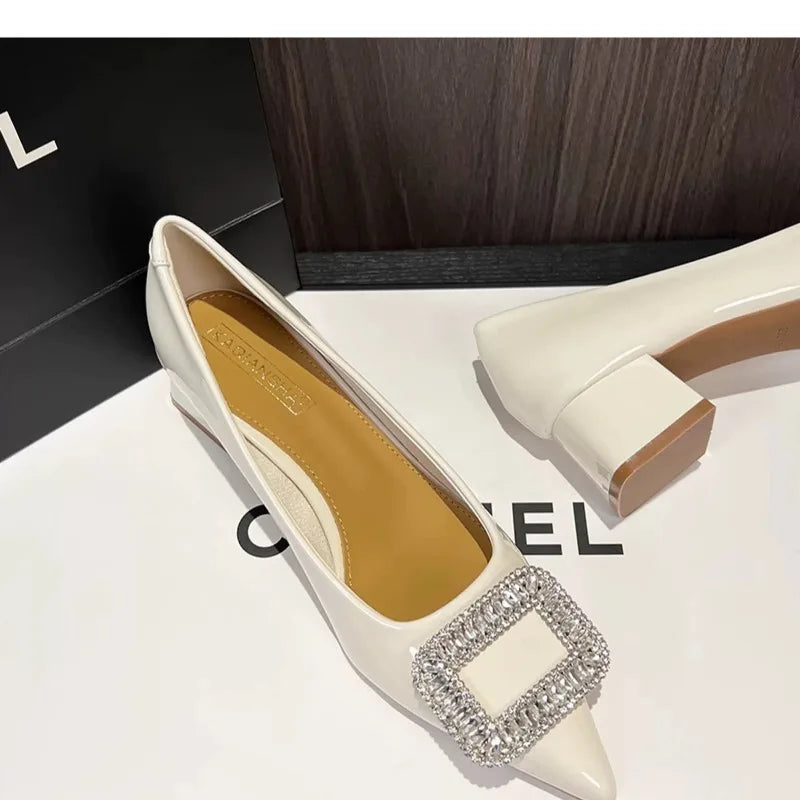 Luxury Metal Crystal Splice Pumps Kitten Thick Heel