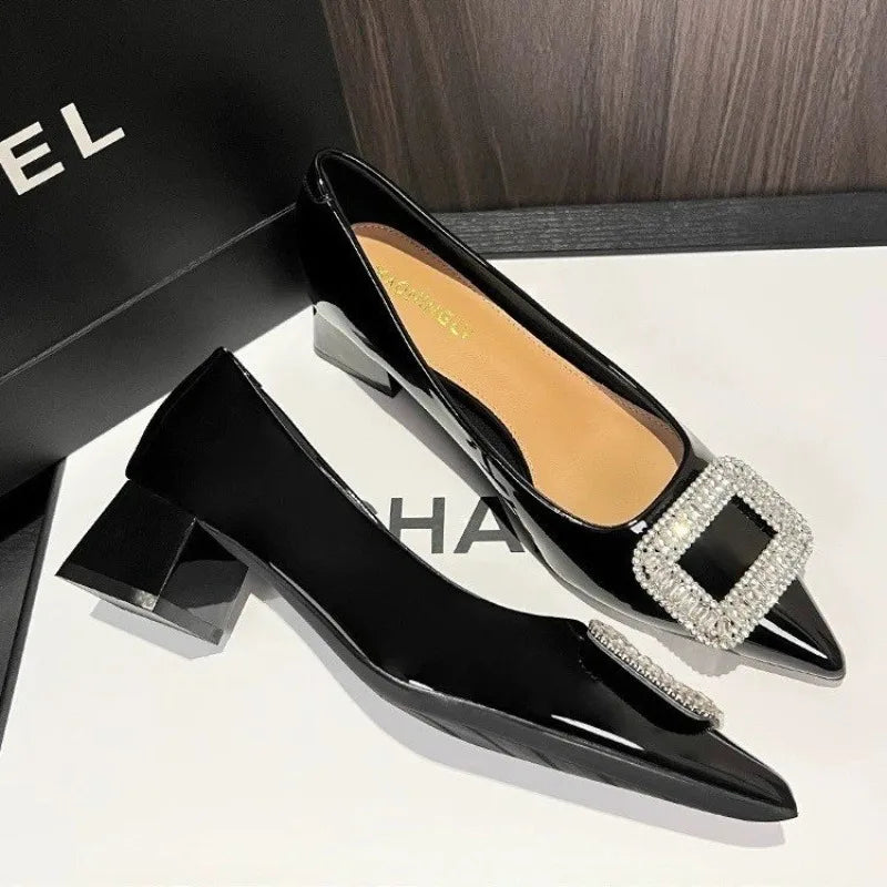 Luxury Metal Crystal Splice Pumps Kitten Thick Heel