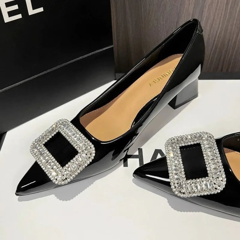 Luxury Metal Crystal Splice Pumps Kitten Thick Heel
