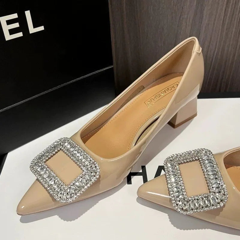 Luxury Metal Crystal Splice Pumps Kitten Thick Heel
