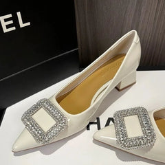 Luxury Metal Crystal Splice Pumps Kitten Thick Heel