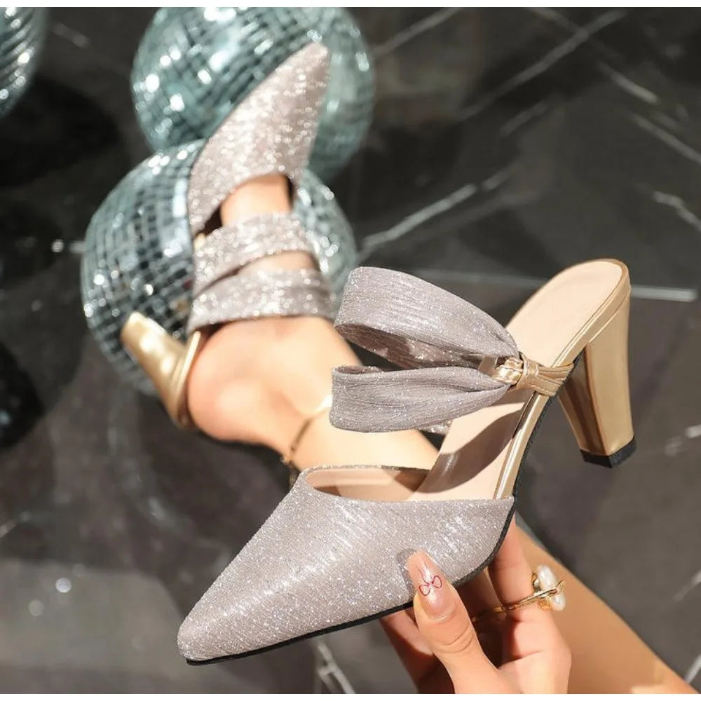 Pointed Toe Square Root Rhinestone Decoration and Elegant Shoes