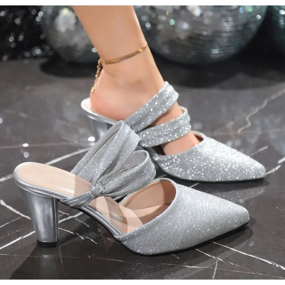 Pointed Toe Square Root Rhinestone Decoration and Elegant Shoes