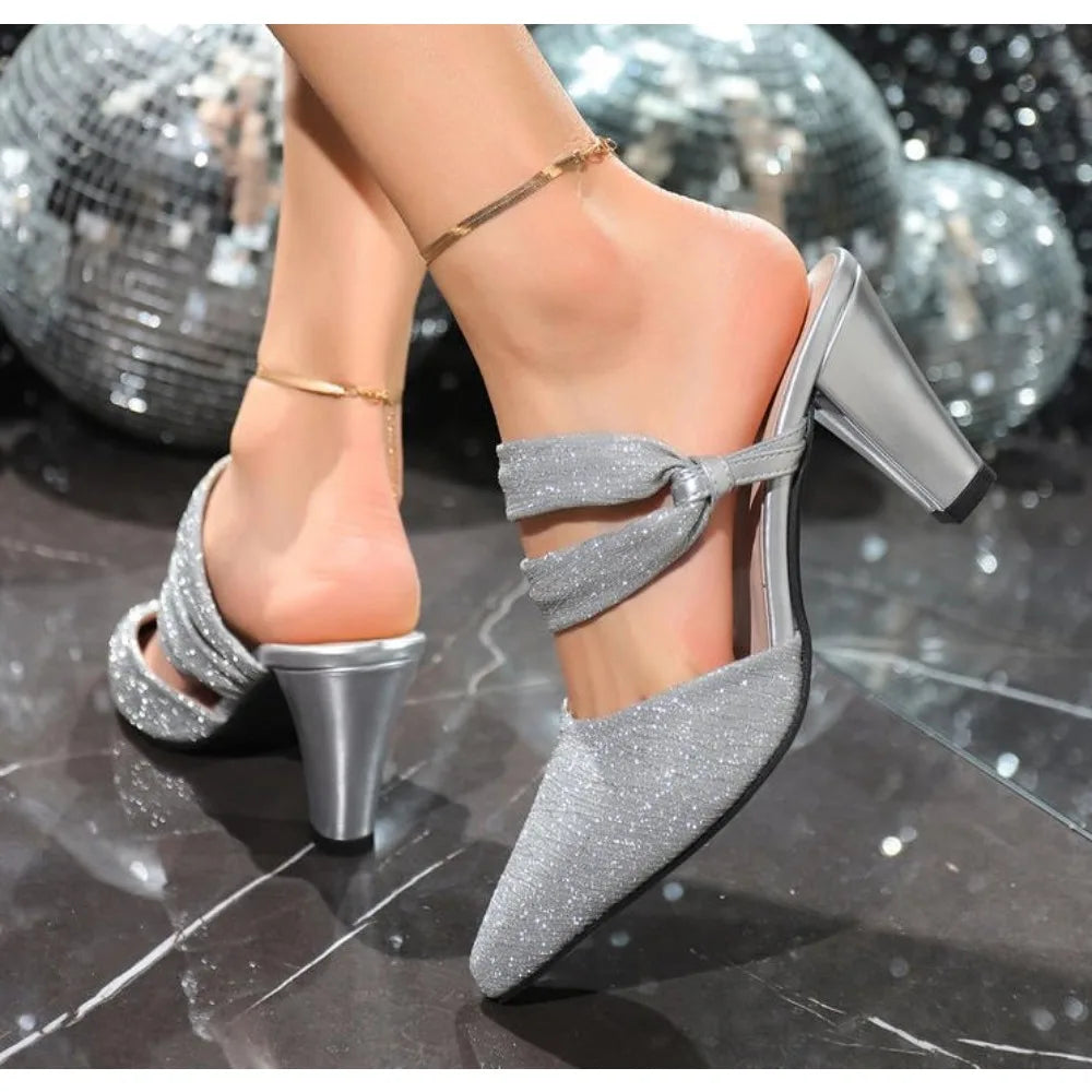 Pointed Toe Square Root Rhinestone Decoration and Elegant Shoes