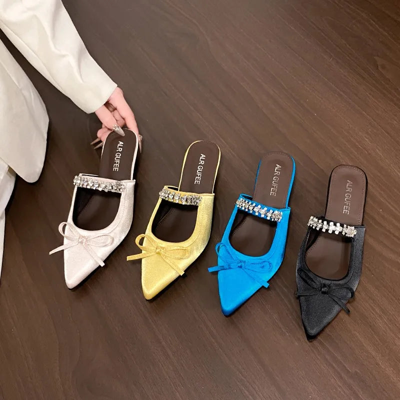 Square Head Shallow Mouth Flannelette Butterfly Knot Crystal Line with Soft Sole Non-slip Low Heel