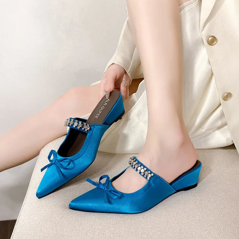 Square Head Shallow Mouth Flannelette Butterfly Knot Crystal Line with Soft Sole Non-slip Low Heel