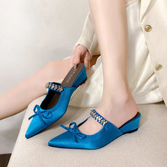 Square Head Shallow Mouth Flannelette Butterfly Knot Crystal Line with Soft Sole Non-slip Low Heel