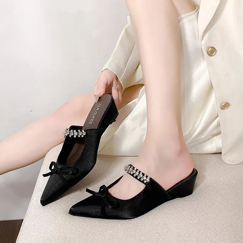Square Head Shallow Mouth Flannelette Butterfly Knot Crystal Line with Soft Sole Non-slip Low Heel