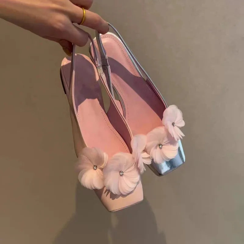 Flower Wrapped Back Trip Sandals Pointed Toe Shallow Mouth One Strap Soft Sole Low Heel