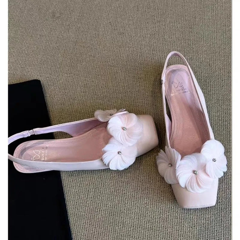 Flower Wrapped Back Trip Sandals Pointed Toe Shallow Mouth One Strap Soft Sole Low Heel
