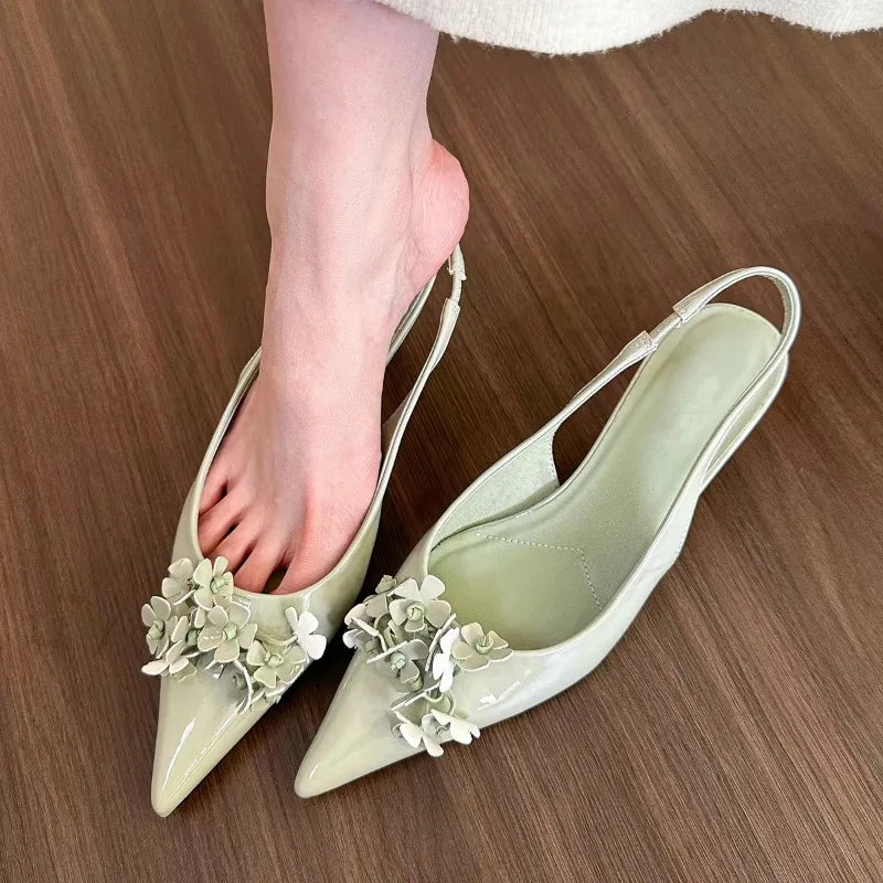 Spring Green Flower Pointed Elegant High Heel