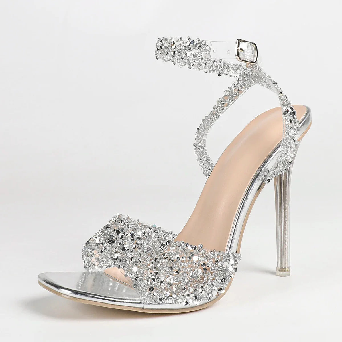 Evening Rhinestone Shiny Rhinestone High-heeled Slip-on Ankle Strap Crystal Heel
