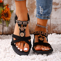 Fashionable Round Toe Flat Sandals with One Foot Bohemian Style Casual Versatile Flat Shoes