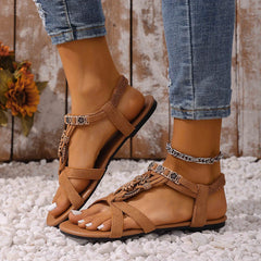 Fashionable Round Toe Flat Sandals with One Foot Bohemian Style Casual Versatile Flat Shoes