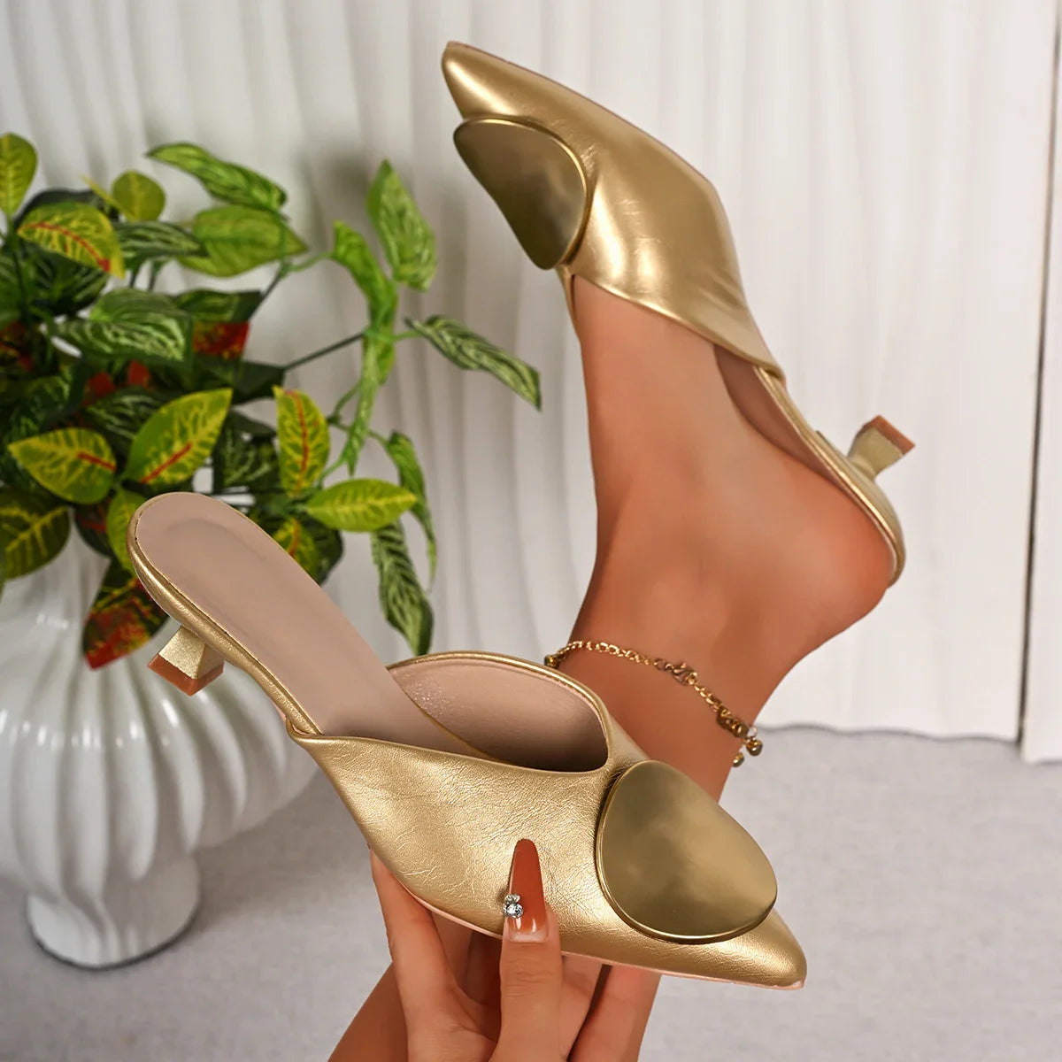 Mules Pointed Toe Mules Metal Designer Sandals Slingback Comfortable Office High Heel