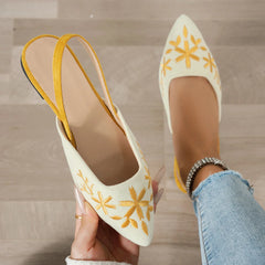 ‌Women's Pointed Toe Slingback Sandals Floral Embroidery Low Kitten Heel