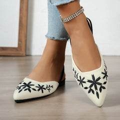 ‌Women's Pointed Toe Slingback Sandals Floral Embroidery Low Kitten Heel