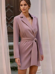 Notched Lapel Long Sleeve Chic Mini Blazer Dress With Belt