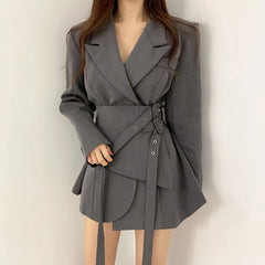 Notched Solid Color Double Lace-up Gathered Waist Office Lady Mini Dresses