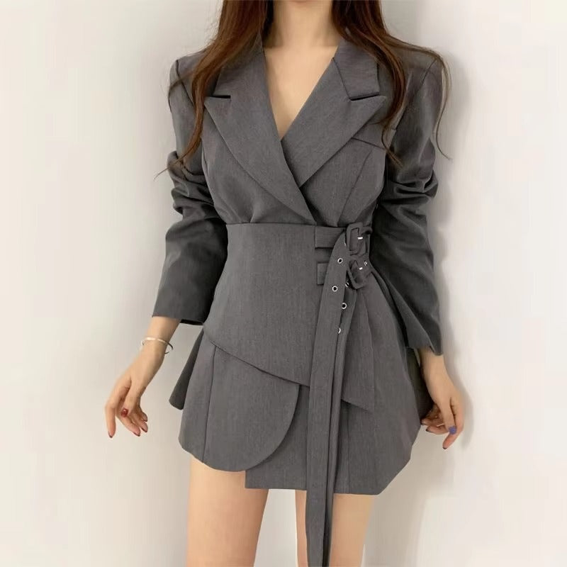 Notched Solid Color Double Lace-up Gathered Waist Office Lady Mini Dresses