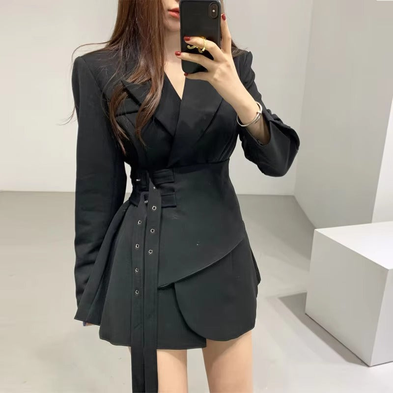 Notched Solid Color Double Lace-up Gathered Waist Office Lady Mini Dresses