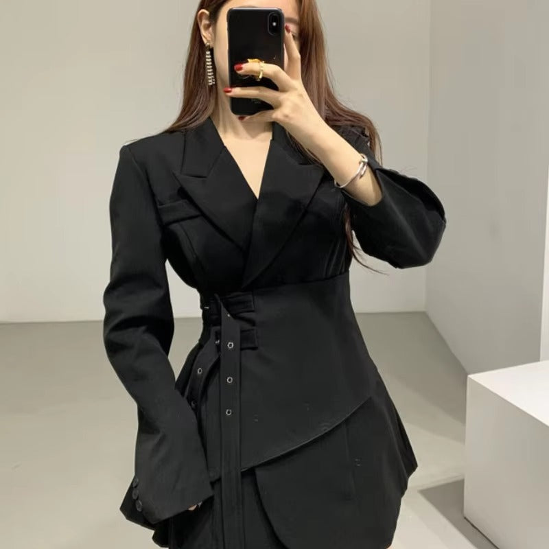 Notched Solid Color Double Lace-up Gathered Waist Office Lady Mini Dresses