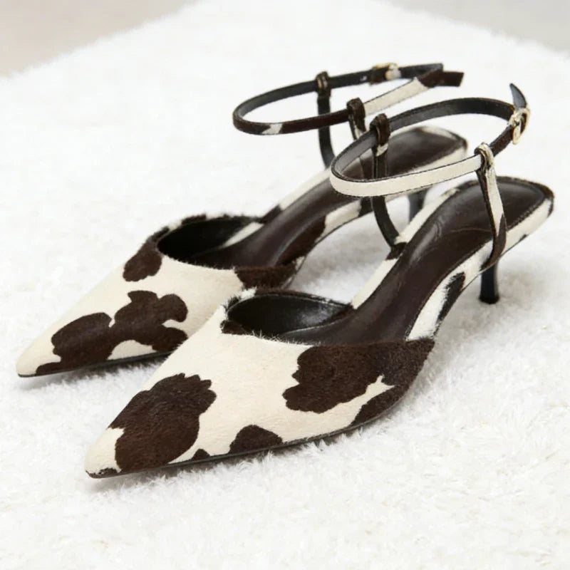 Novelty Cow Pattern Design Pumps Pointed Toe Ankle Strap Med High Heel