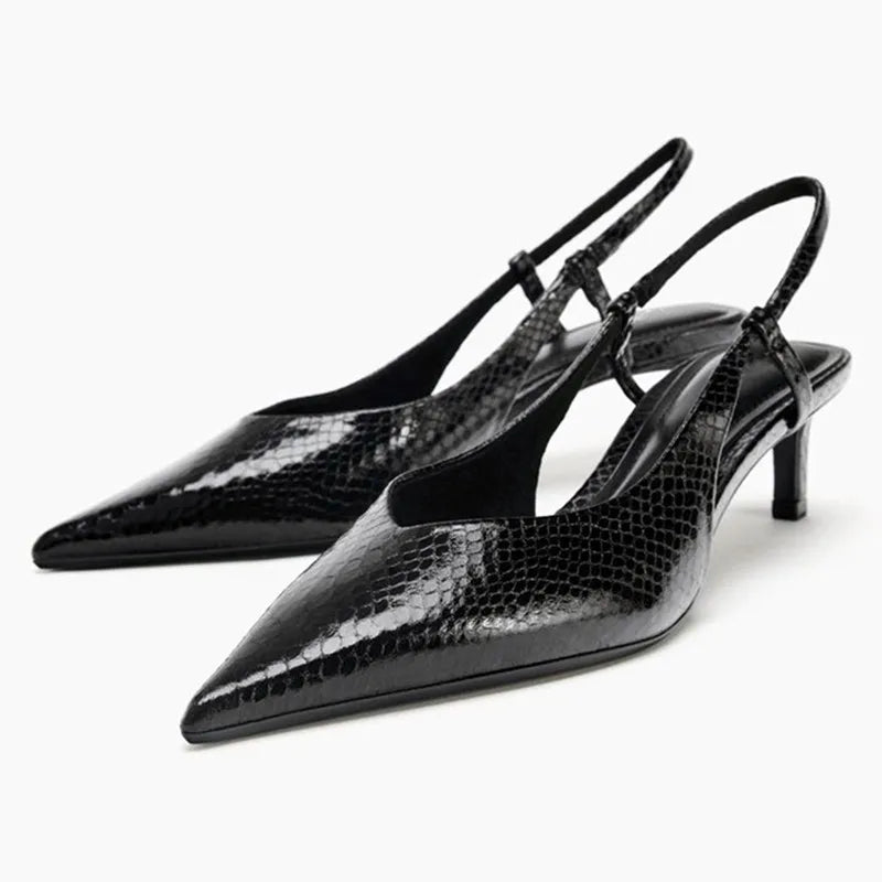 Novelty Embossed Decoration Pumps Pointed Toe Slingbacks Kitten Heel