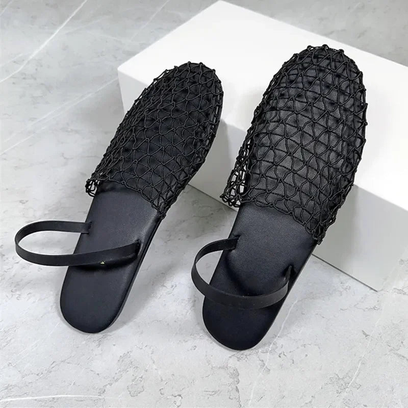 Novelty Mesh Flat Sandals Designer Weaving Hollow Breathable Mules Slippers Light Comfort Slingbacks Slide Sandals