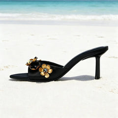 Novelty Metallic Flower Crystal Detail Slippers Peep Toe Luxury Heel