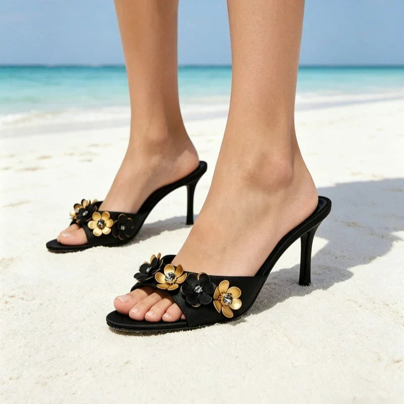 Novelty Metallic Flower Crystal Detail Slippers Peep Toe Luxury Heel
