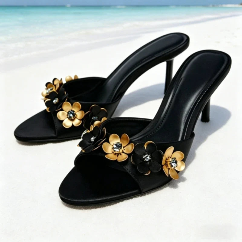 Novelty Metallic Flower Crystal Detail Slippers Peep Toe Luxury Heel