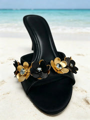 Novelty Metallic Flower Crystal Detail Slippers Peep Toe Luxury Heel