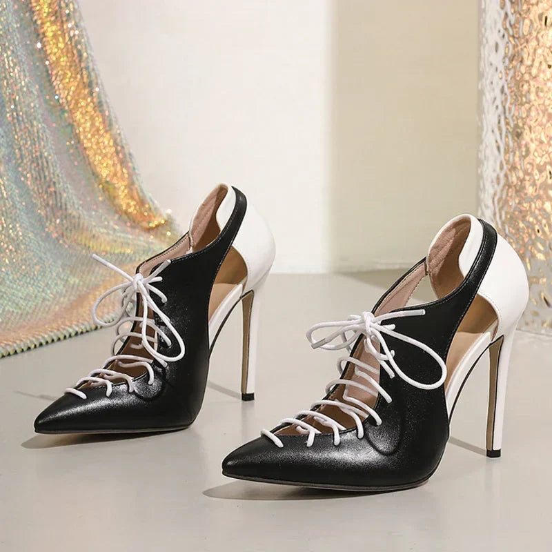 Novelty Patchwork Design Gladiator Sandals Pointy Toe Cross Lace Up High Heel