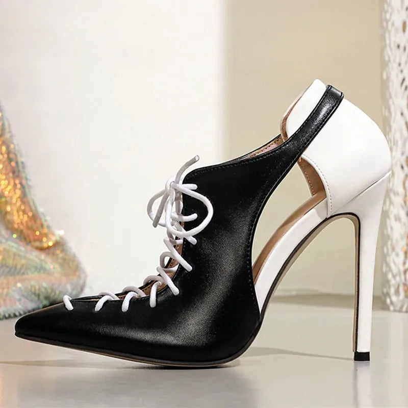 Novelty Patchwork Design Gladiator Sandals Pointy Toe Cross Lace Up High Heel