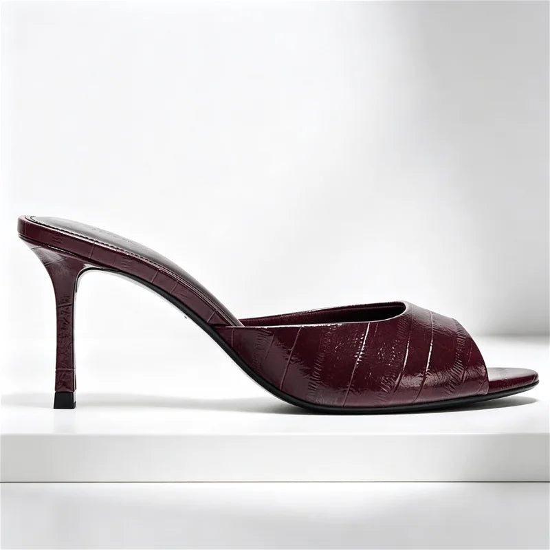 Novelty Textured Slingback Sandals Peep Toe Mule Slippers Wide Front Strap Design Stiletto High Heel