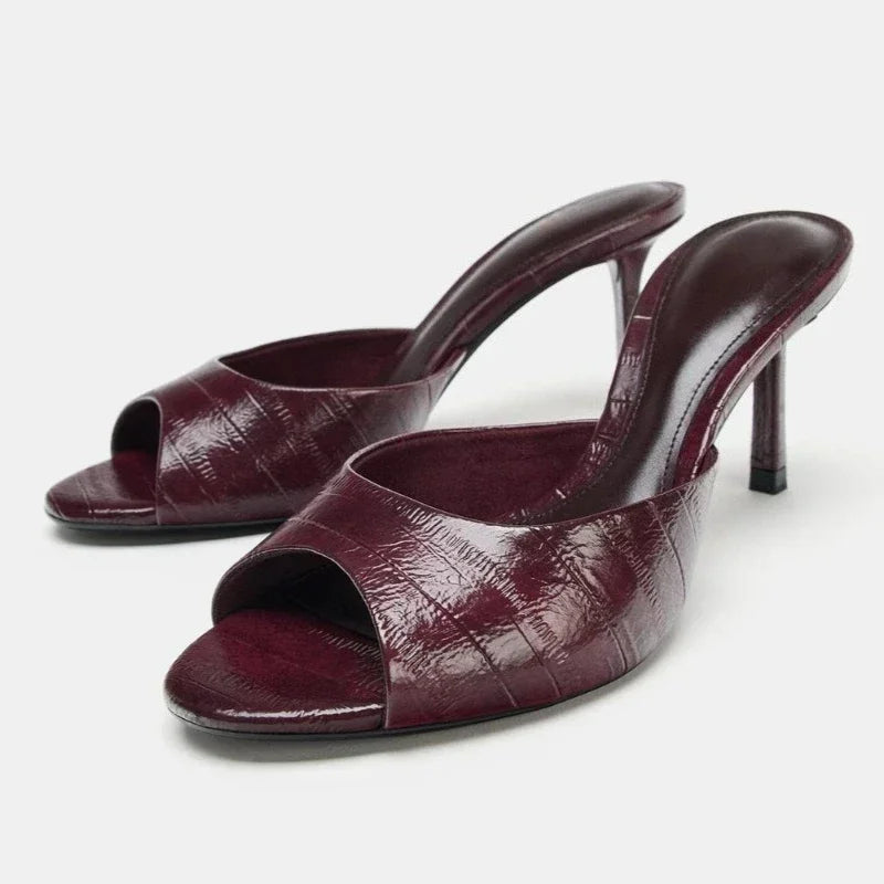 Novelty Textured Slingback Sandals Peep Toe Mule Slippers Wide Front Strap Design Stiletto High Heel