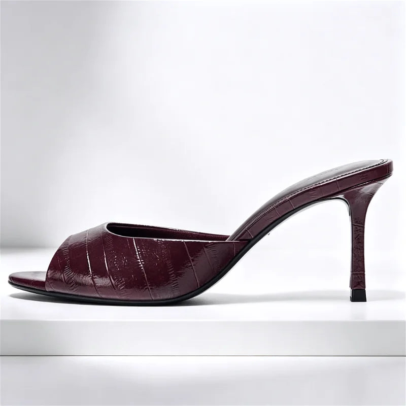 Novelty Textured Slingback Sandals Peep Toe Mule Slippers Wide Front Strap Design Stiletto High Heel