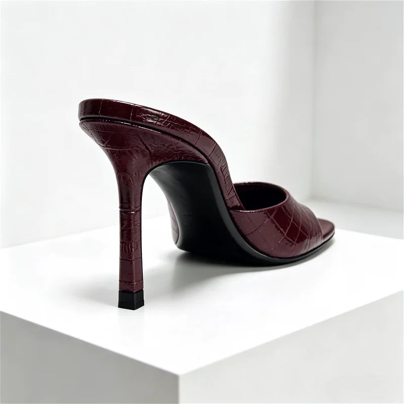 Novelty Textured Slingback Sandals Peep Toe Mule Slippers Wide Front Strap Design Stiletto High Heel
