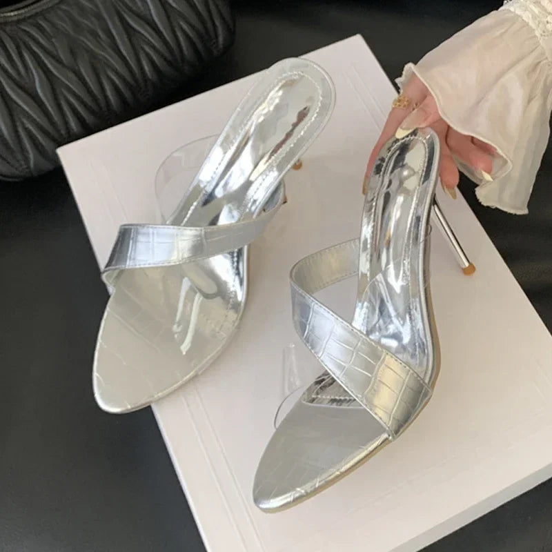 Novelty Transparent PVC Leather Corss Band Slippers Peep Toe Thin High Heel