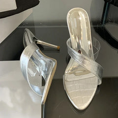 Novelty Transparent PVC Leather Corss Band Slippers Peep Toe Thin High Heel