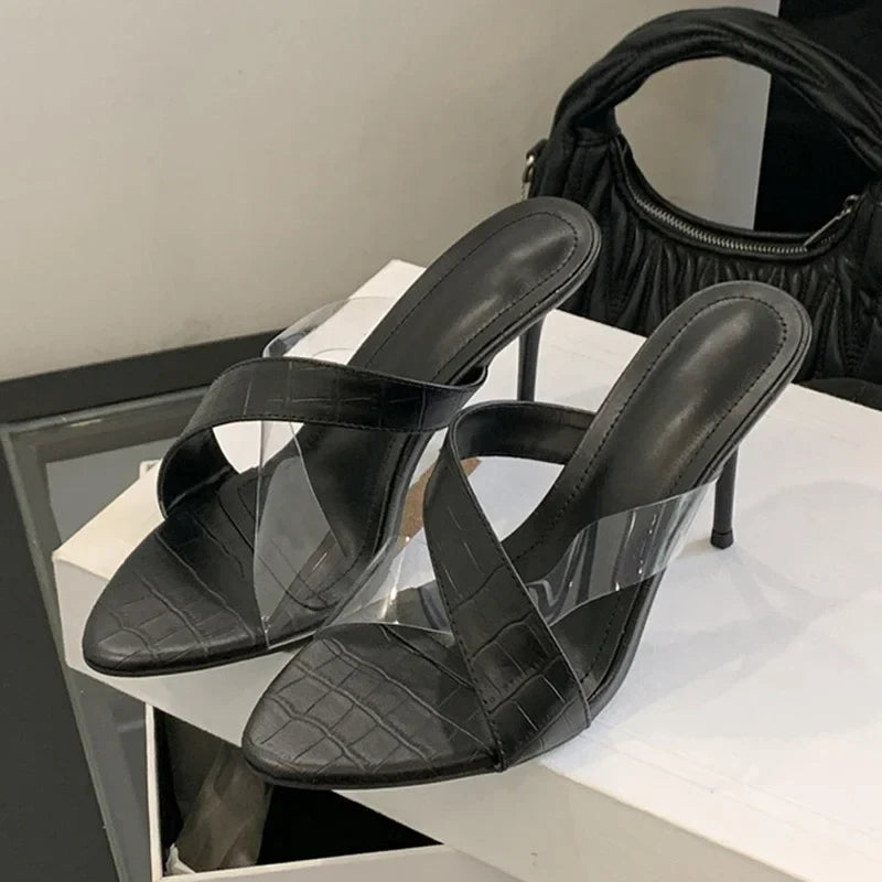 Novelty Transparent PVC Leather Corss Band Slippers Peep Toe Thin High Heel